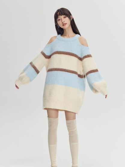 DIDDI MODA Soft Striped Knit Sweater With Colorblock Shoulder Cutout