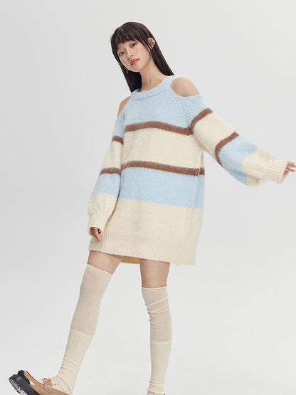 DIDDI MODA Soft Striped Knit Sweater With Colorblock Shoulder Cutout