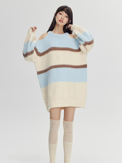 DIDDI MODA Soft Striped Knit Sweater With Colorblock Shoulder Cutout