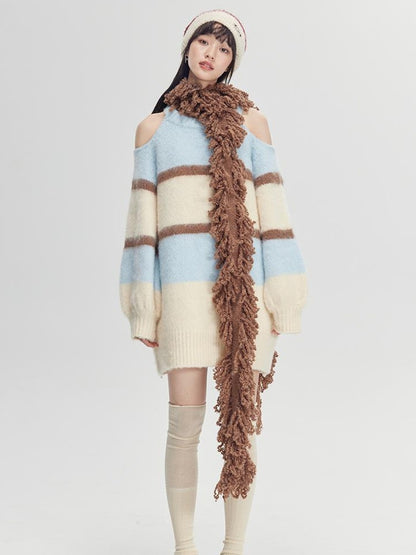 DIDDI MODA Soft Striped Knit Sweater With Colorblock Shoulder Cutout
