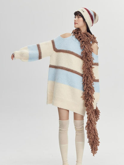 DIDDI MODA Soft Striped Knit Sweater With Colorblock Shoulder Cutout