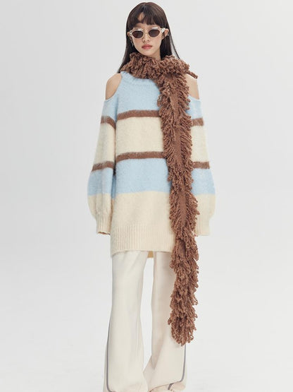 DIDDI MODA Soft Striped Knit Sweater With Colorblock Shoulder Cutout