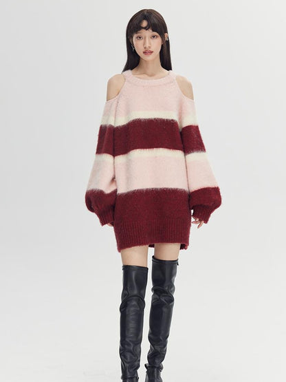 DIDDI MODA Soft Striped Knit Sweater With Colorblock Shoulder Cutout