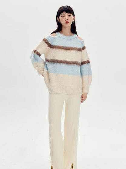DIDDI MODA Soft Striped Knit Sweater With Colorblock Shoulder Cutout