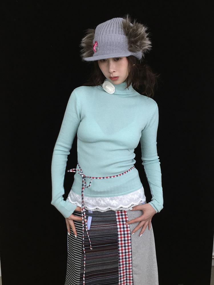 Soft Warm Lace Trim Semi-Turtle Neck Knit Top