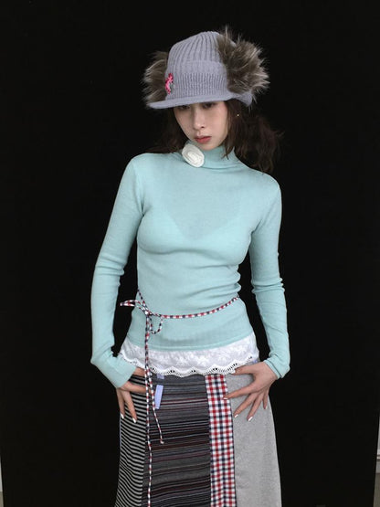 Soft Warm Lace Trim Semi-Turtle Neck Knit Top