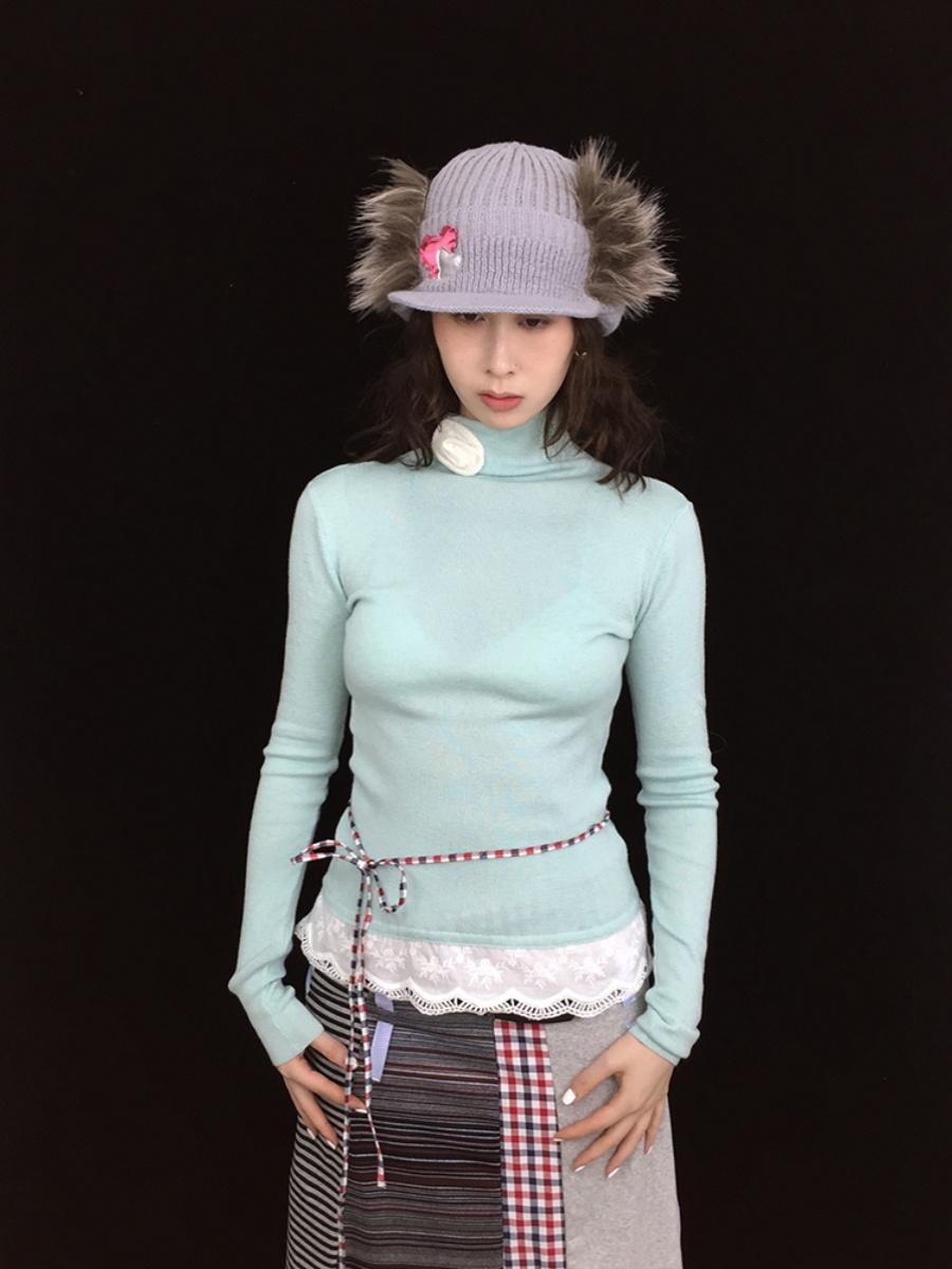 Soft Warm Lace Trim Semi-Turtle Neck Knit Top
