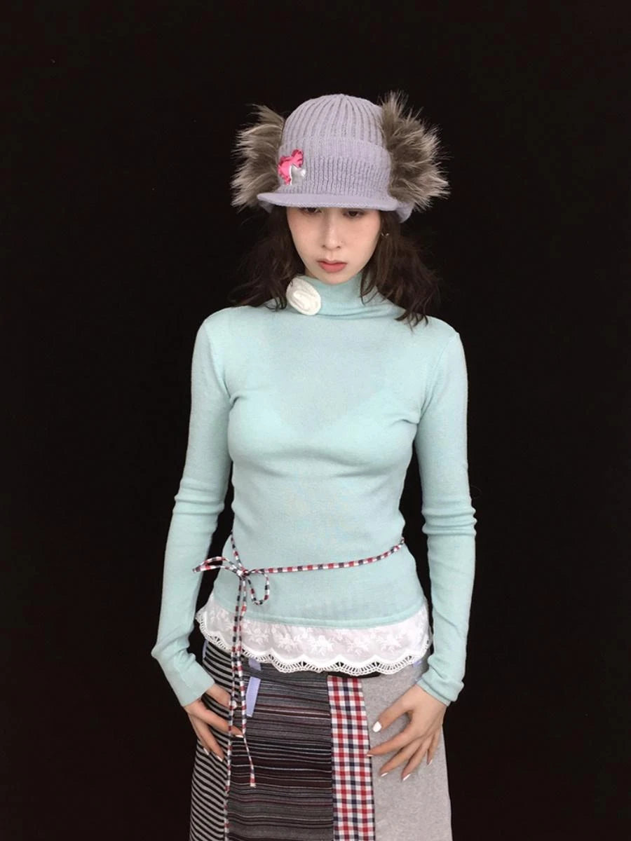 Soft Warm Lace Trim Semi-Turtle Neck Knit Top