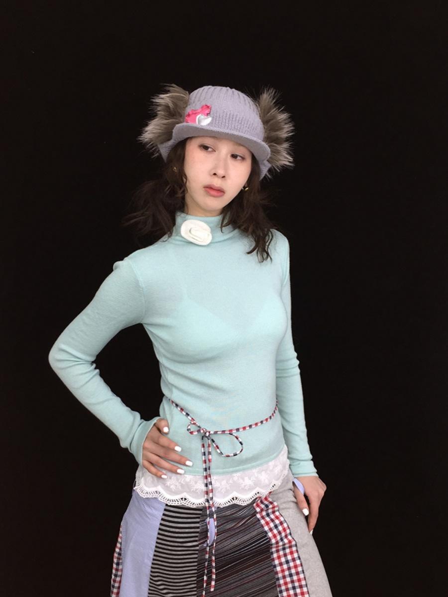 Soft Warm Lace Trim Semi-Turtle Neck Knit Top