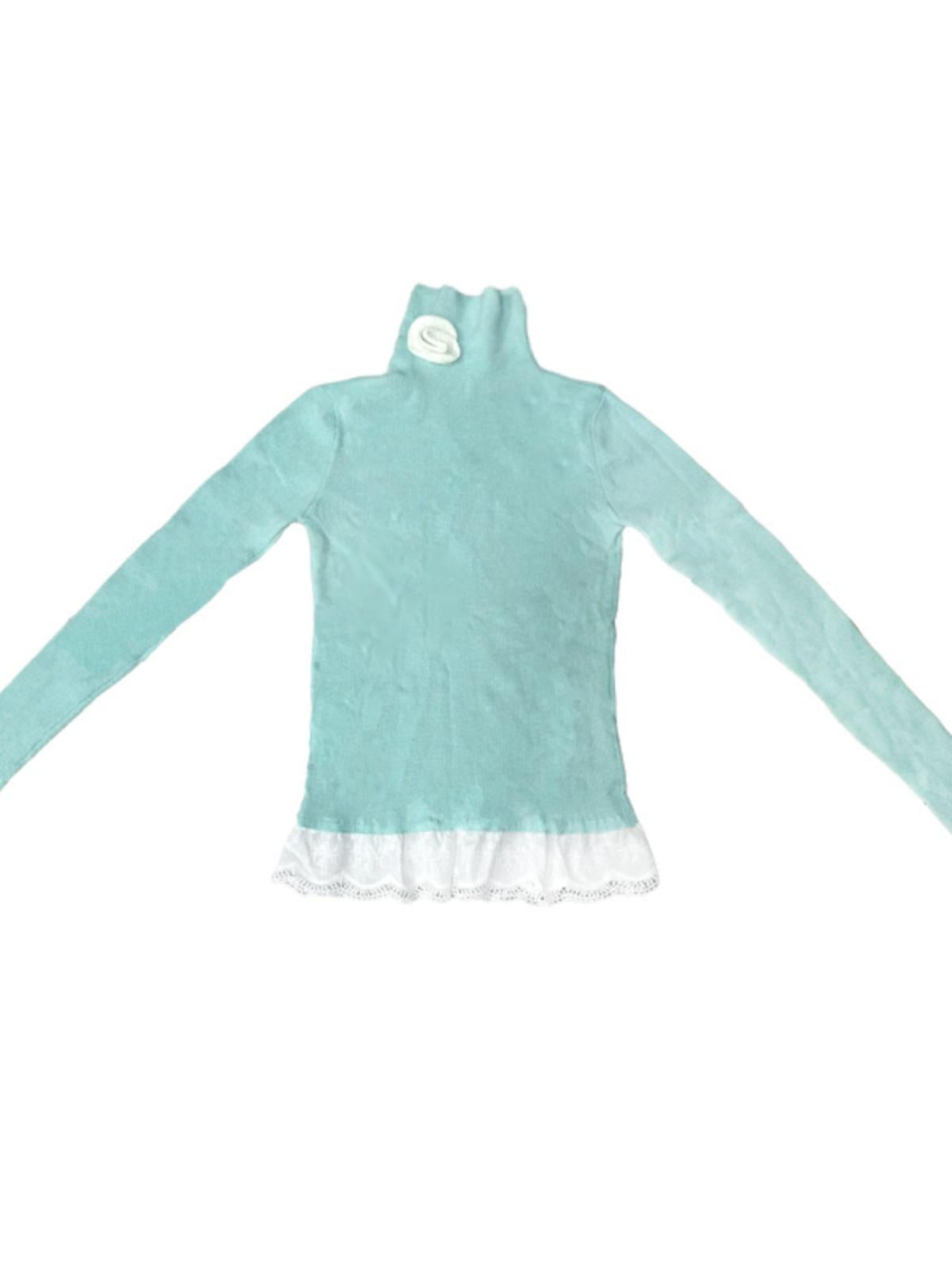 Soft Warm Lace Trim Semi-Turtle Neck Knit Top