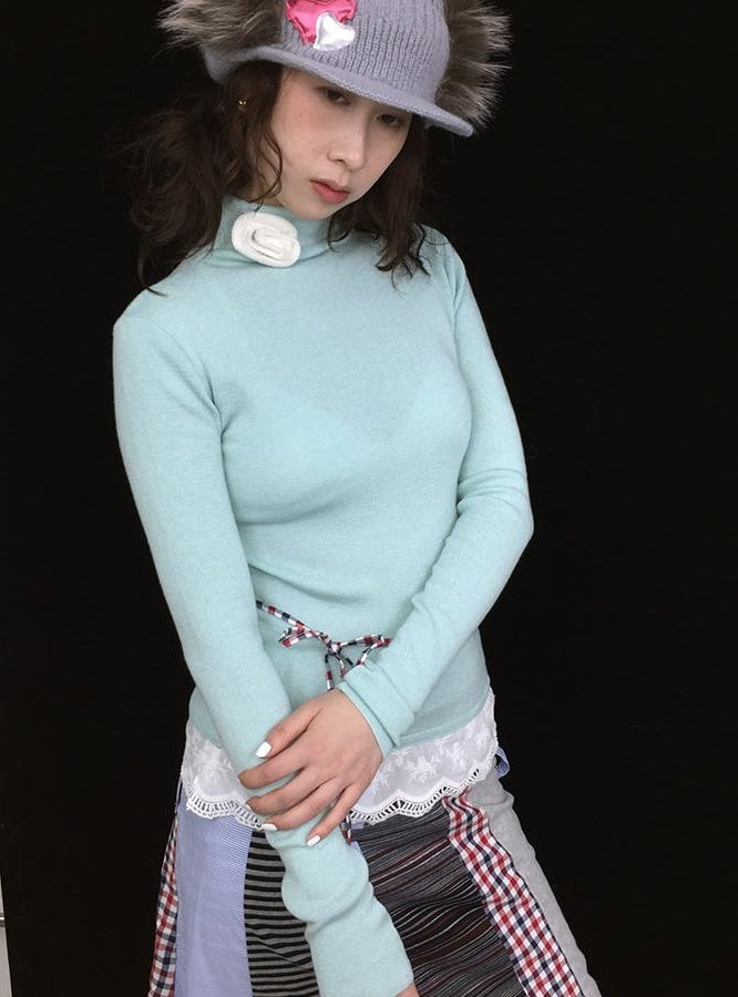 Soft Warm Lace Trim Semi-Turtle Neck Knit Top