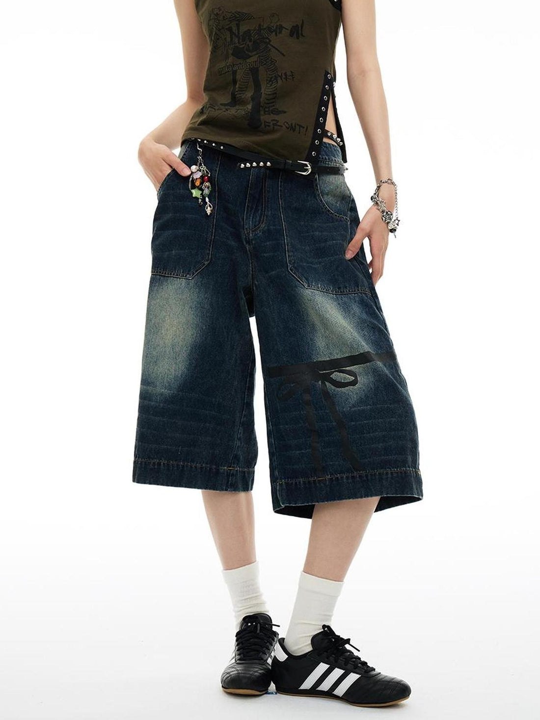 MOMSYCAN FOX LINE Soft Washed Distressed Denim Jeans With Bowtie Strap Metallic Buckle