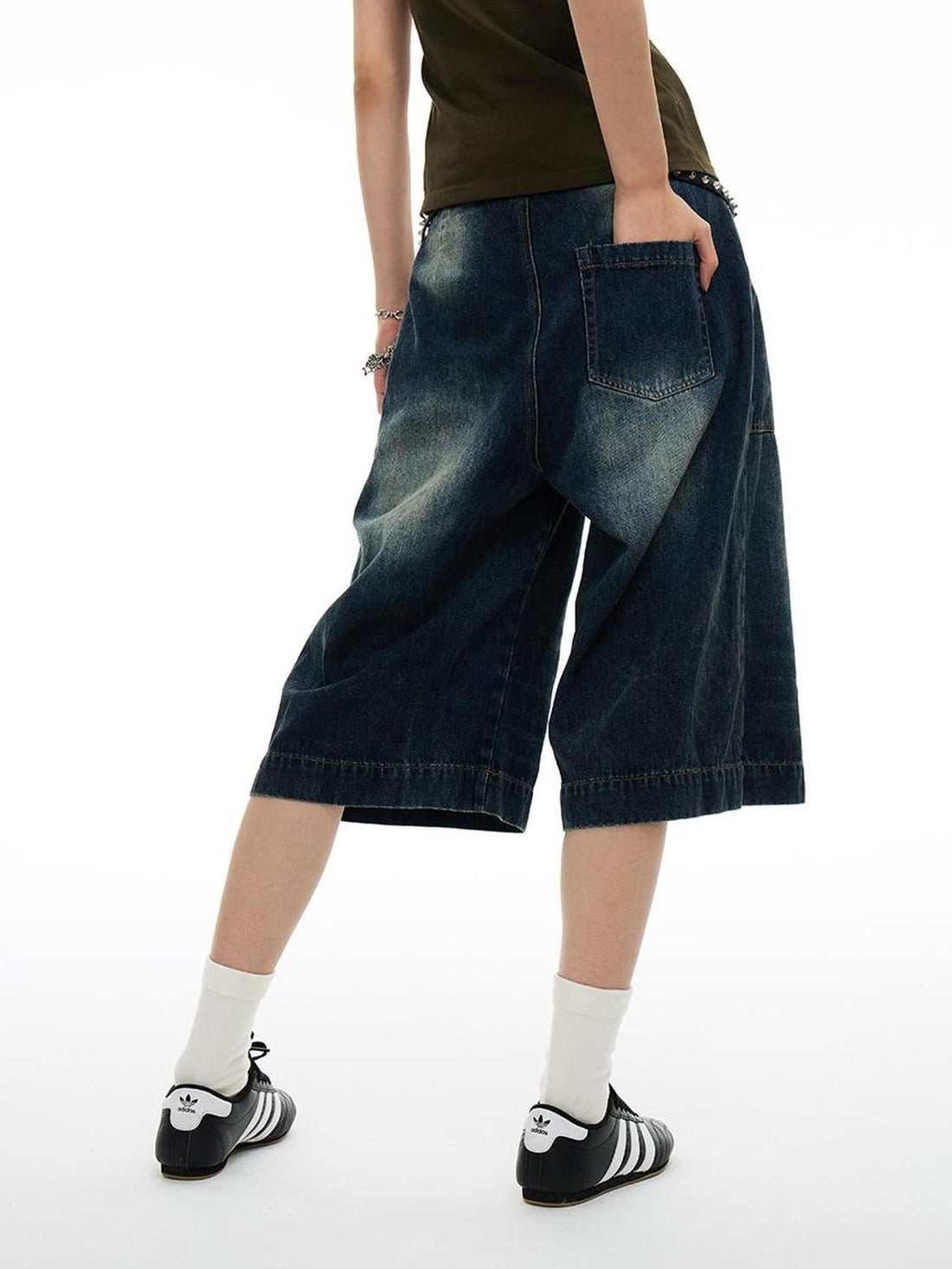 MOMSYCAN FOX LINE Soft Washed Distressed Denim Jeans With Bowtie Strap Metallic Buckle