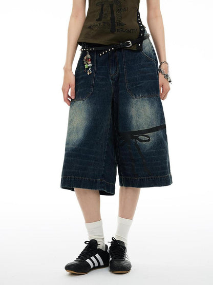 MOMSYCAN FOX LINE Soft Washed Distressed Denim Jeans With Bowtie Strap Metallic Buckle
