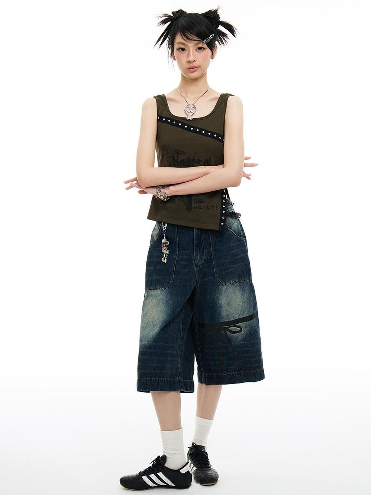 MOMSYCAN FOX LINE Soft Washed Distressed Denim Jeans With Bowtie Strap Metallic Buckle