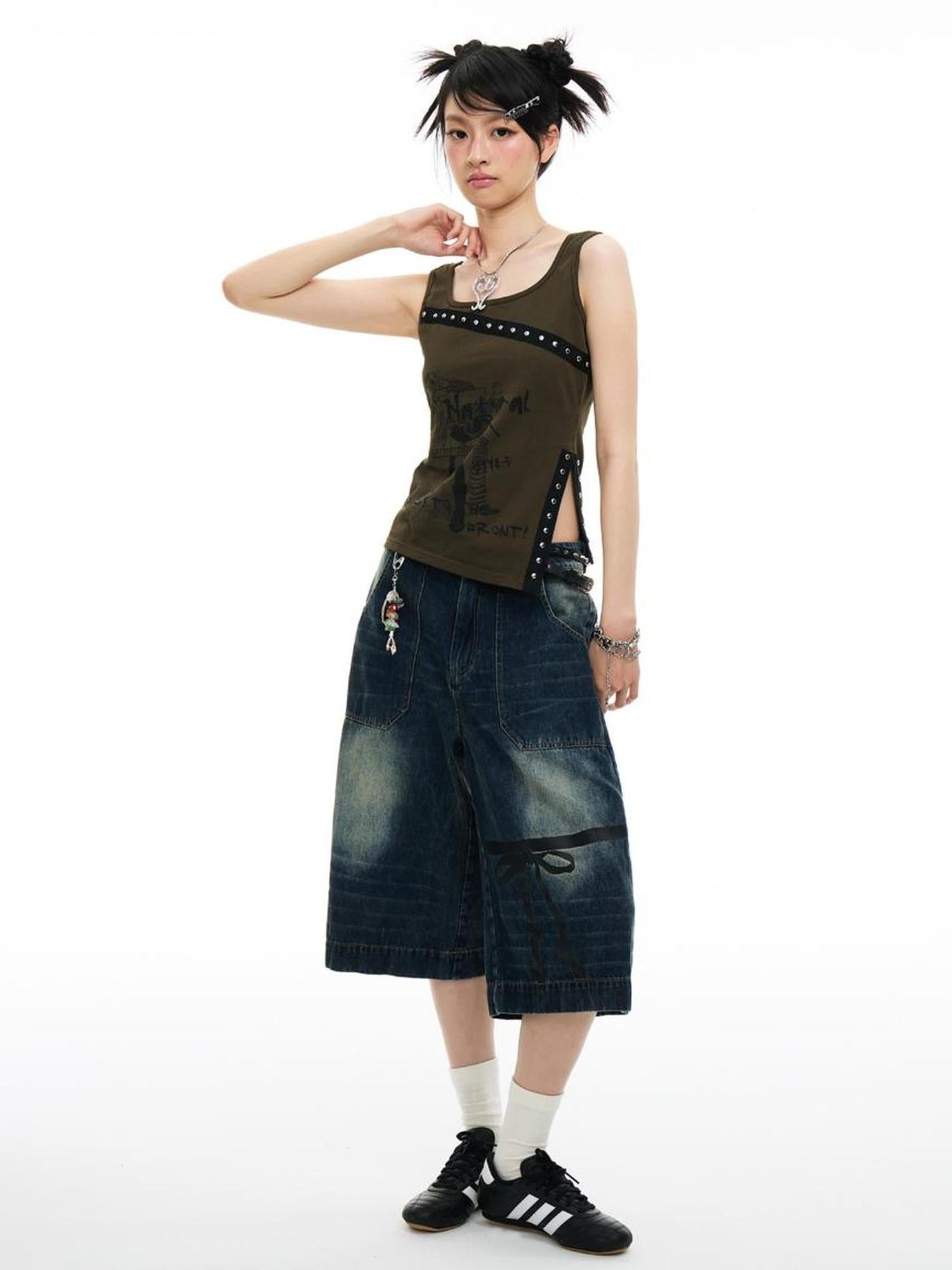 MOMSYCAN FOX LINE Soft Washed Distressed Denim Jeans With Bowtie Strap Metallic Buckle
