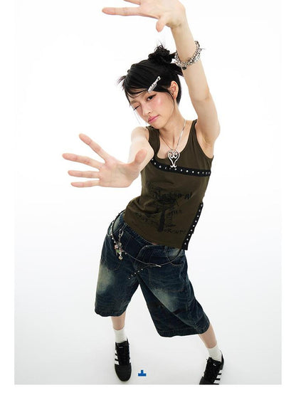 MOMSYCAN FOX LINE Soft Washed Distressed Denim Jeans With Bowtie Strap Metallic Buckle