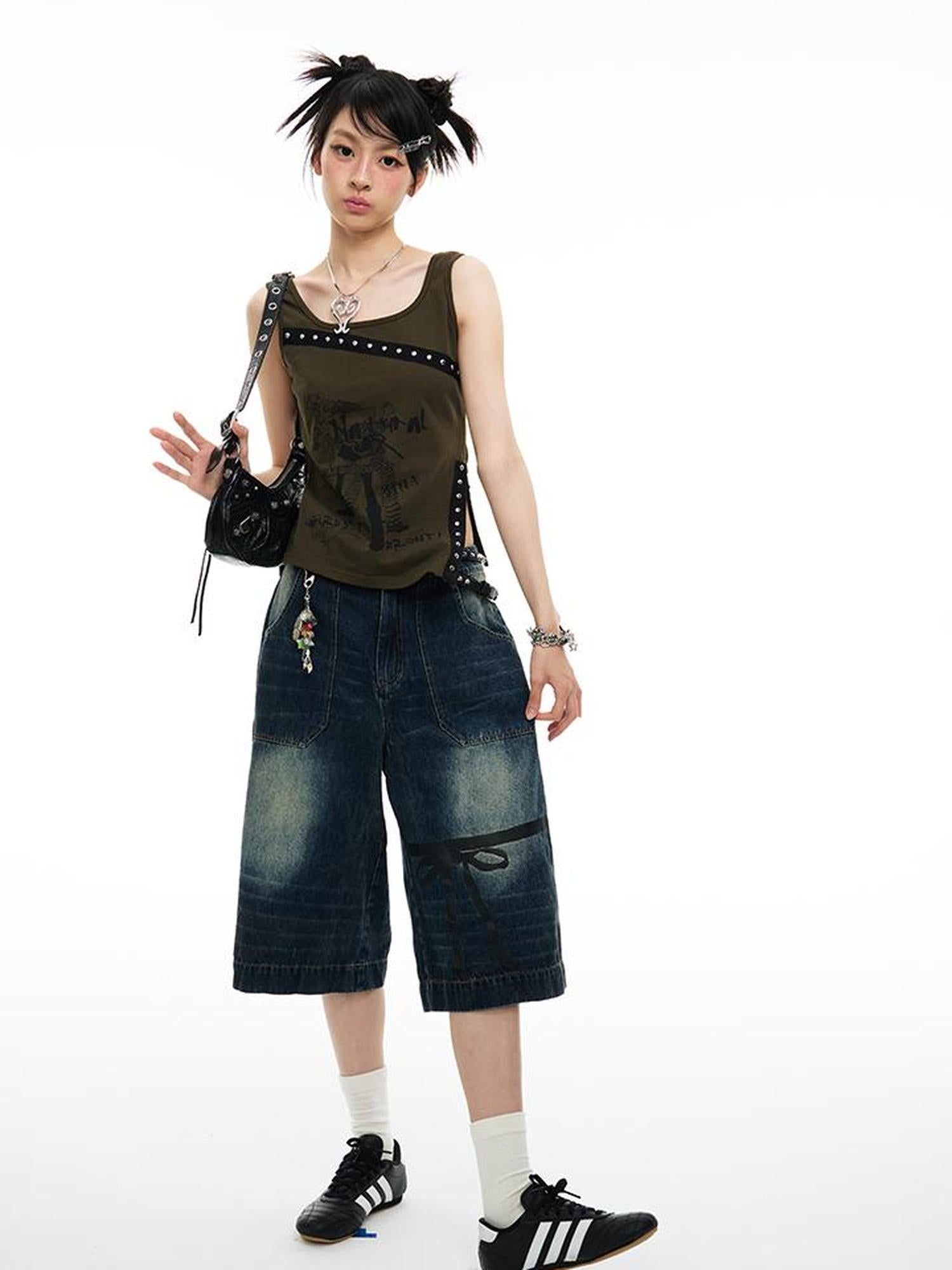 MOMSYCAN FOX LINE Soft Washed Distressed Denim Jeans With Bowtie Strap Metallic Buckle