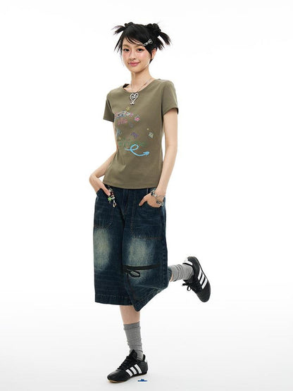 MOMSYCAN FOX LINE Soft Washed Distressed Denim Jeans With Bowtie Strap Metallic Buckle