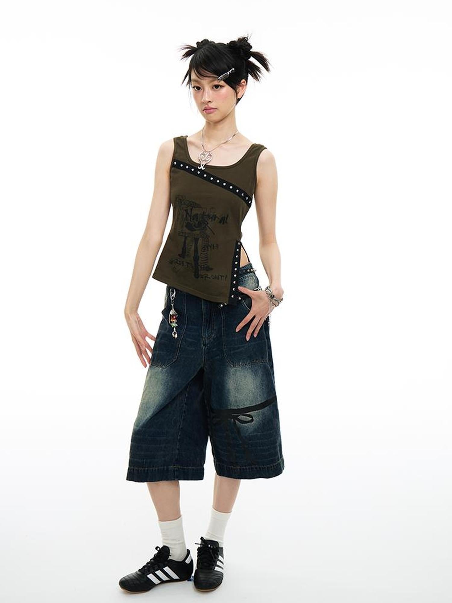 MOMSYCAN FOX LINE Soft Washed Distressed Denim Jeans With Bowtie Strap Metallic Buckle