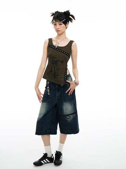 MOMSYCAN FOX LINE Soft Washed Distressed Denim Jeans With Bowtie Strap Metallic Buckle