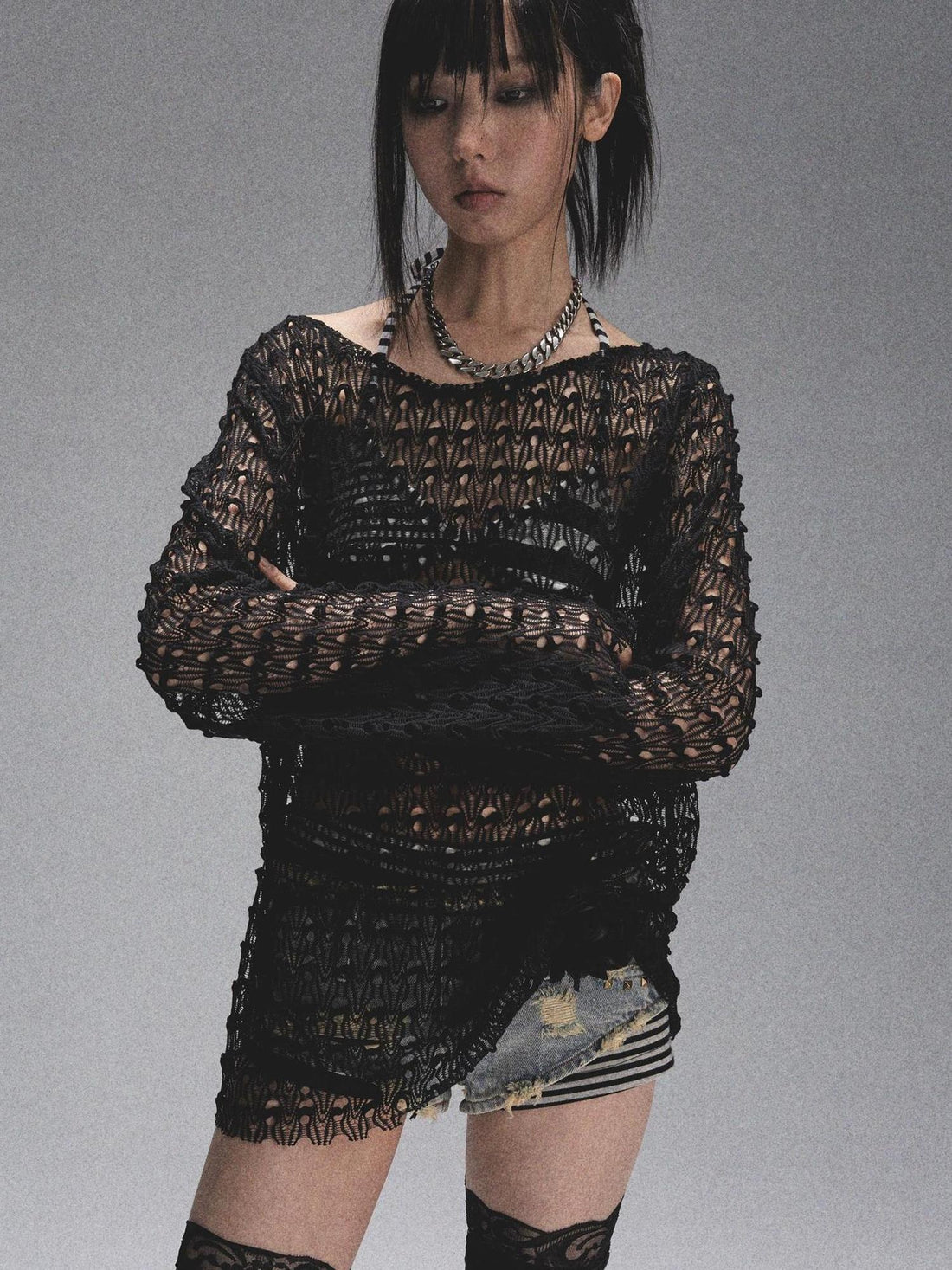 NONAME SPACE Spaca Mesh Shoulder Top With Free Scarf