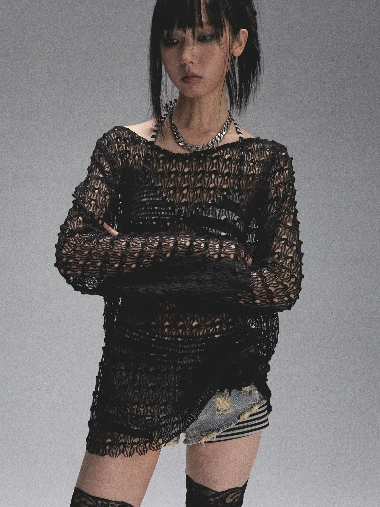 Spaca Mesh Shoulder Top With Free Scarf