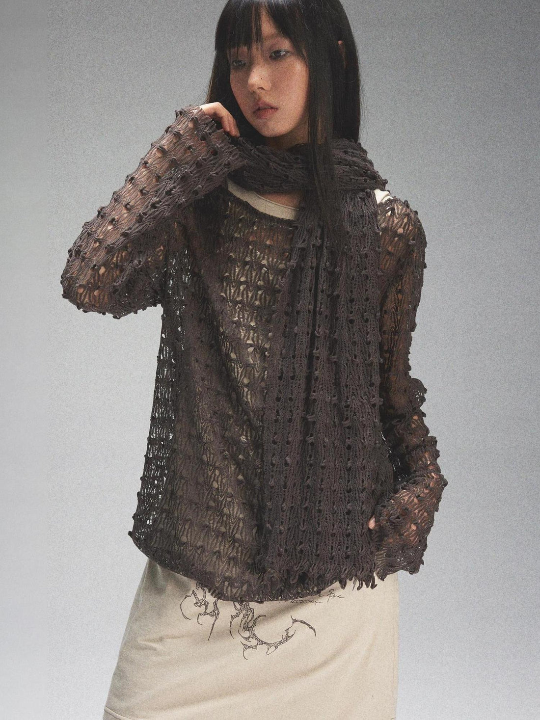NONAME SPACE Spaca Mesh Shoulder Top With Free Scarf
