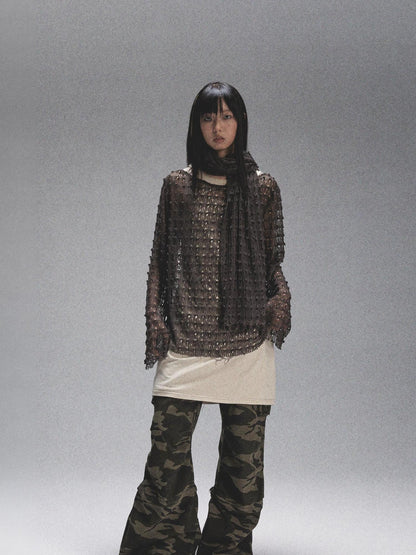 NONAME SPACE Spaca Mesh Shoulder Top With Free Scarf