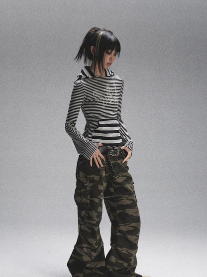 Space Cotton Stretch Cat Ear Patch Stripe Print Flap Pocket Pants Hood T