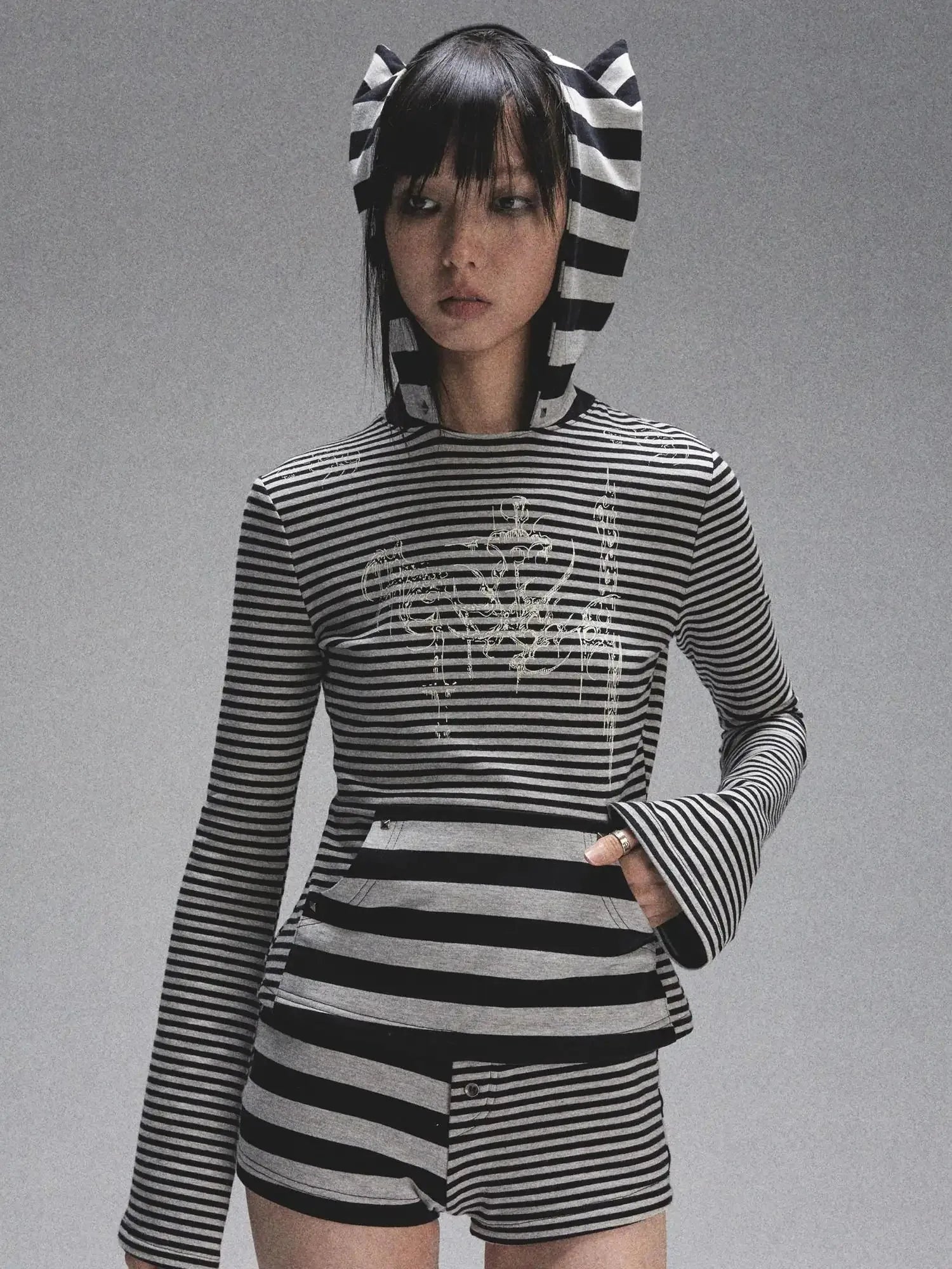 Space Cotton Stretch Cat Ear Patch Stripe Print Flap Pocket Pants Hood T