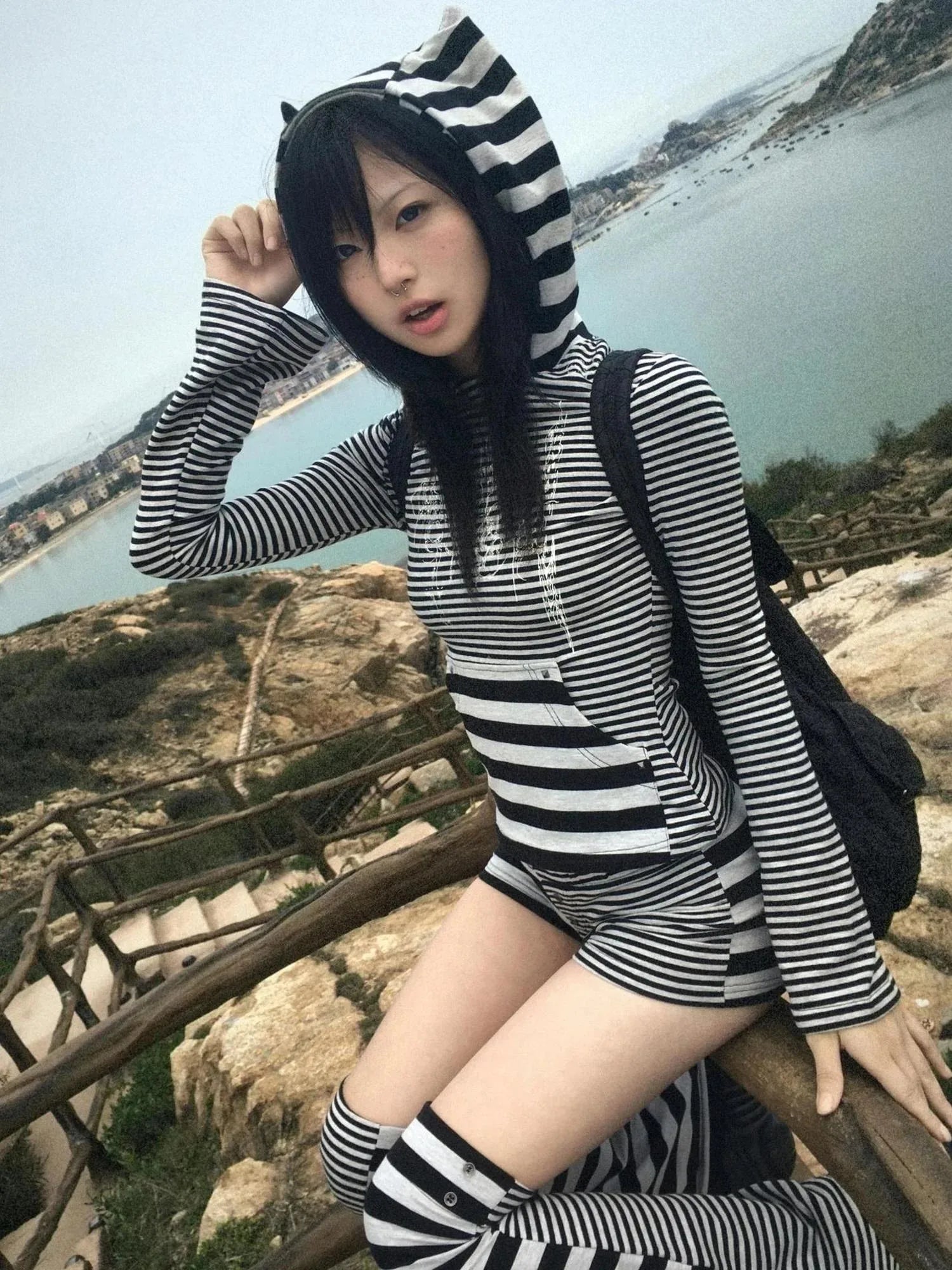 Space Cotton Stretch Cat Ear Patch Stripe Print Flap Pocket Pants Hood T