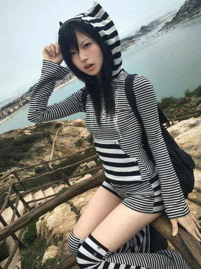 Space Cotton Stretch Cat Ear Patch Stripe Print Flap Pocket Pants Hood T