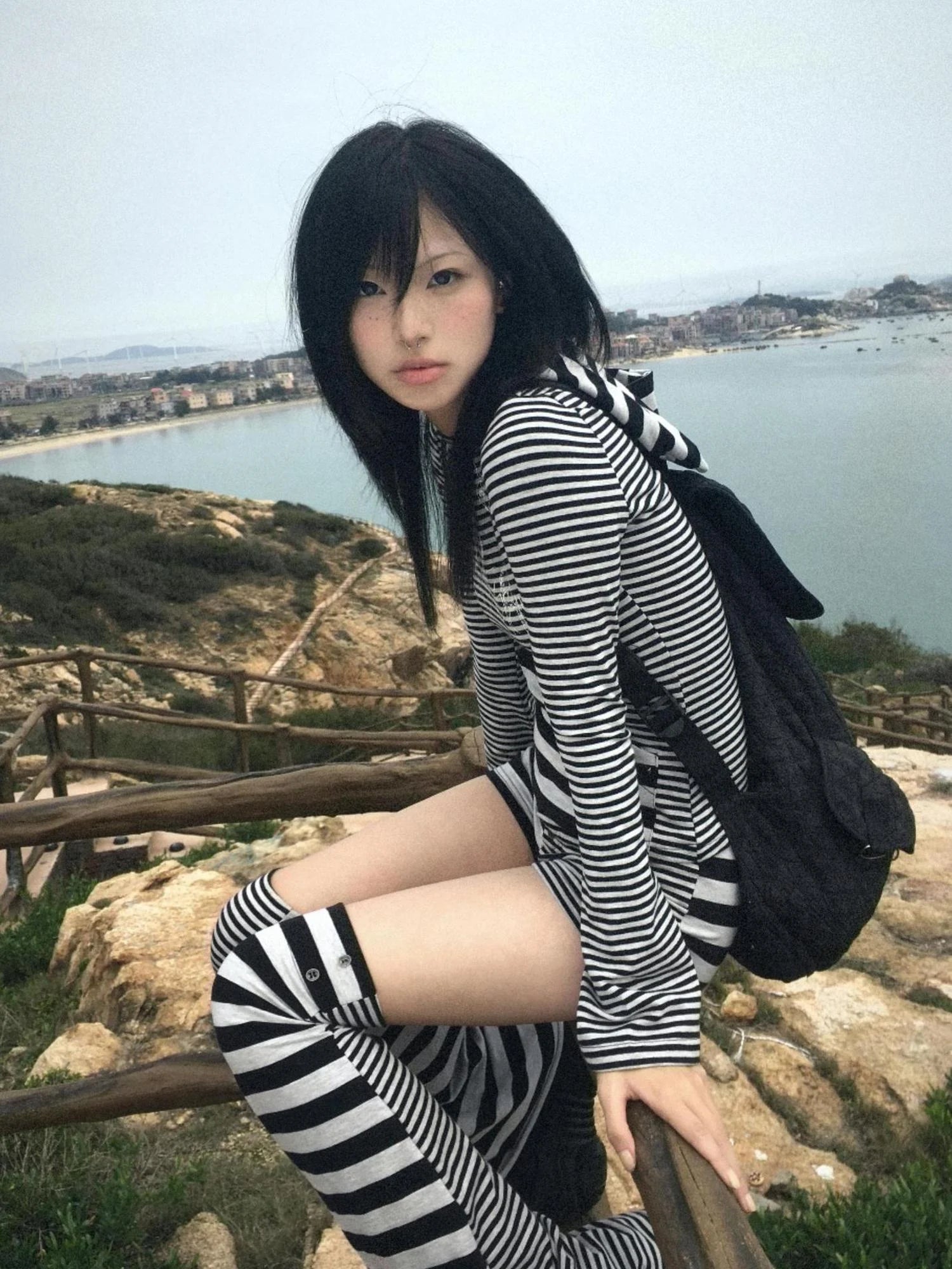 Space Cotton Stretch Cat Ear Patch Stripe Print Flap Pocket Pants Hood T