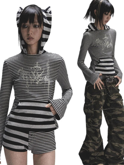 Space Cotton Stretch Cat Ear Patch Stripe Print Flap Pocket Pants Hood T