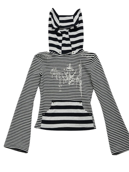 Space Cotton Stretch Cat Ear Patch Stripe Print Flap Pocket Pants Hood T