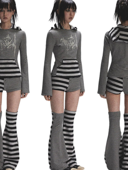 Space Cotton Stretch Cat Ear Patch Stripe Print Flap Pocket Pants Hood T