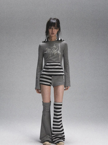 Space Cotton Stretch Cat Ear Patch Stripe Print Flap Pocket Pants Hood T