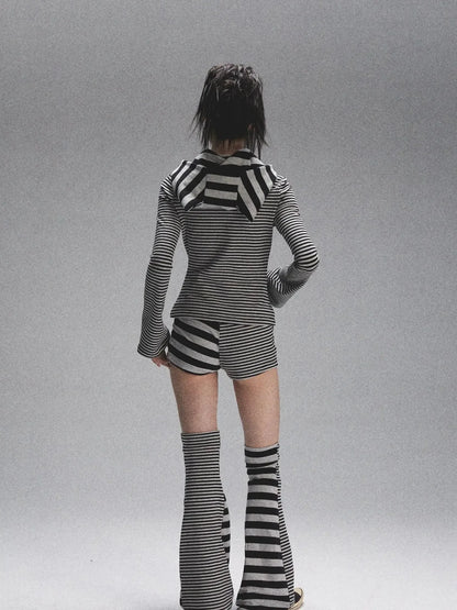 Space Cotton Stretch Cat Ear Patch Stripe Print Flap Pocket Pants Hood T