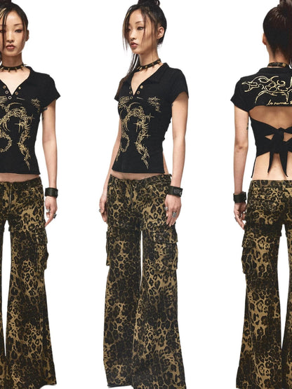 Space Leopard Low Rise Studded Flare Pants Convertible Shorts