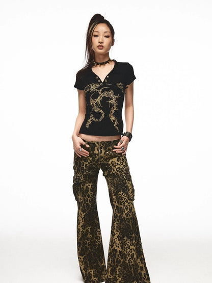Space Leopard Low Rise Studded Flare Pants Convertible Shorts