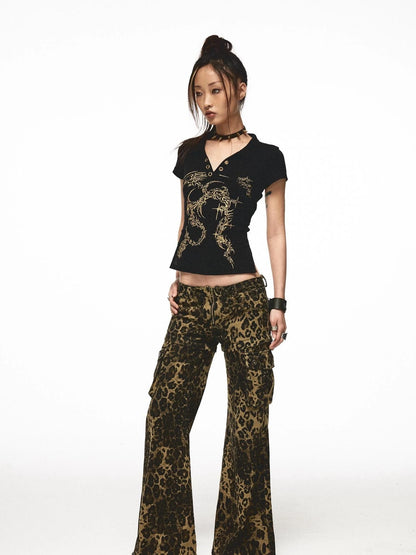 Space Leopard Low Rise Studded Flare Pants Convertible Shorts