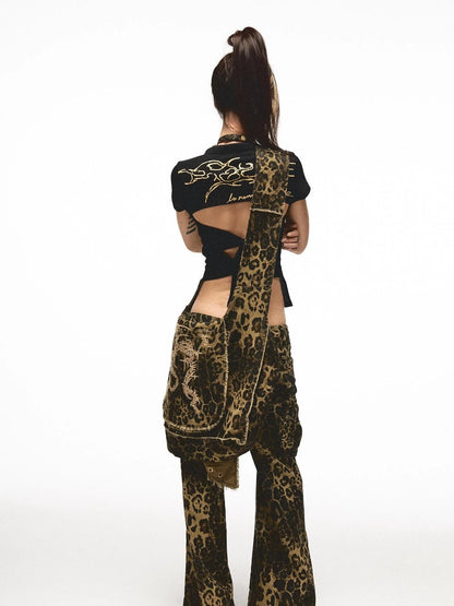 Space Leopard Low Rise Studded Flare Pants Convertible Shorts