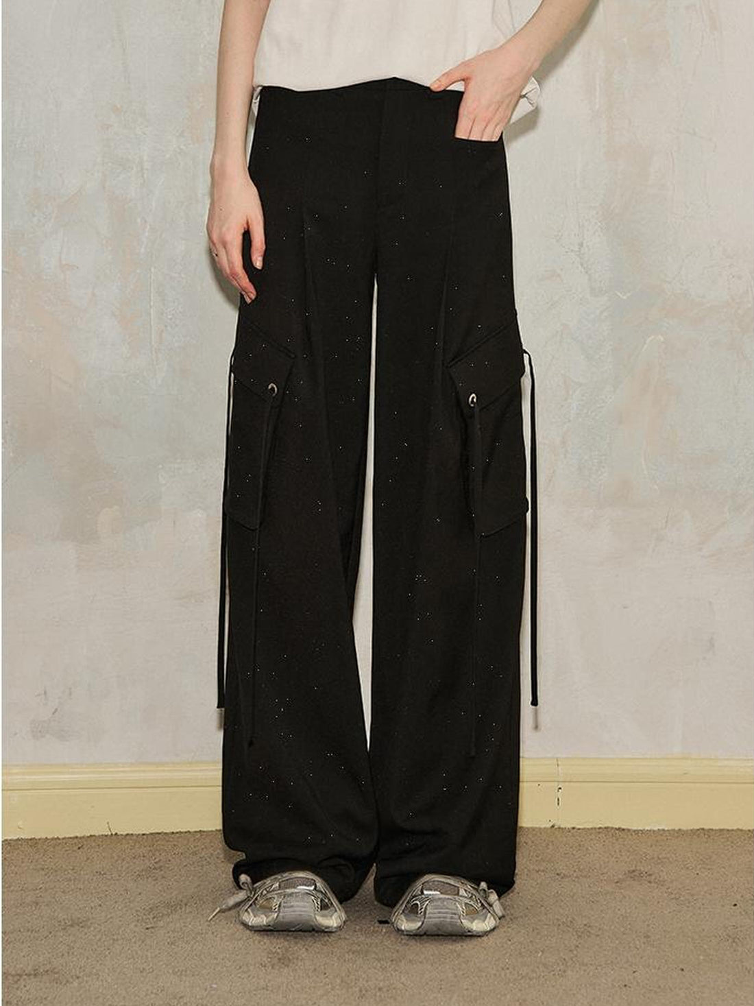 DIDDI MODA Sparkle Silver Utility Cargo Pants With Draped Ribbon