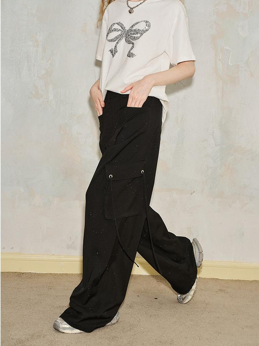 DIDDI MODA Sparkle Silver Utility Cargo Pants With Draped Ribbon