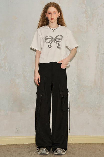DIDDI MODA Sparkle Silver Utility Cargo Pants With Draped Ribbon