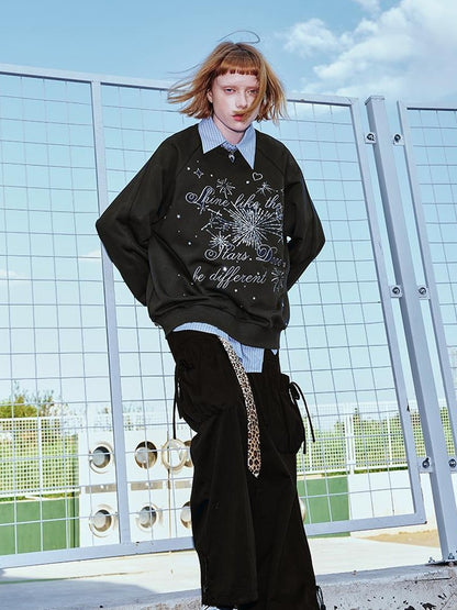 DIDDI MODA Sparkling Disco Embroidered Sweatshirt Asymmetrical Bow Shirt Set