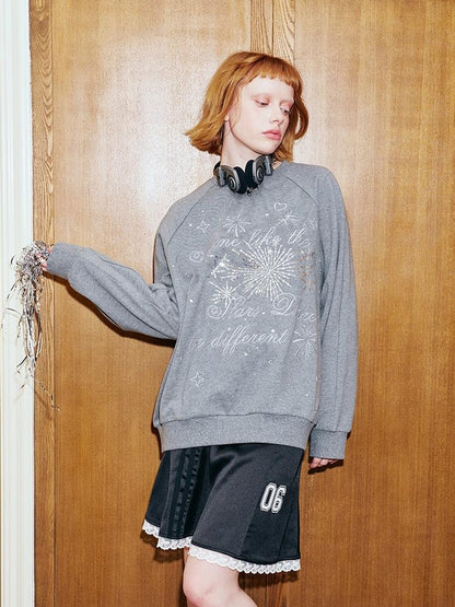 DIDDI MODA Sparkling Disco Embroidered Sweatshirt Asymmetrical Bow Shirt Set