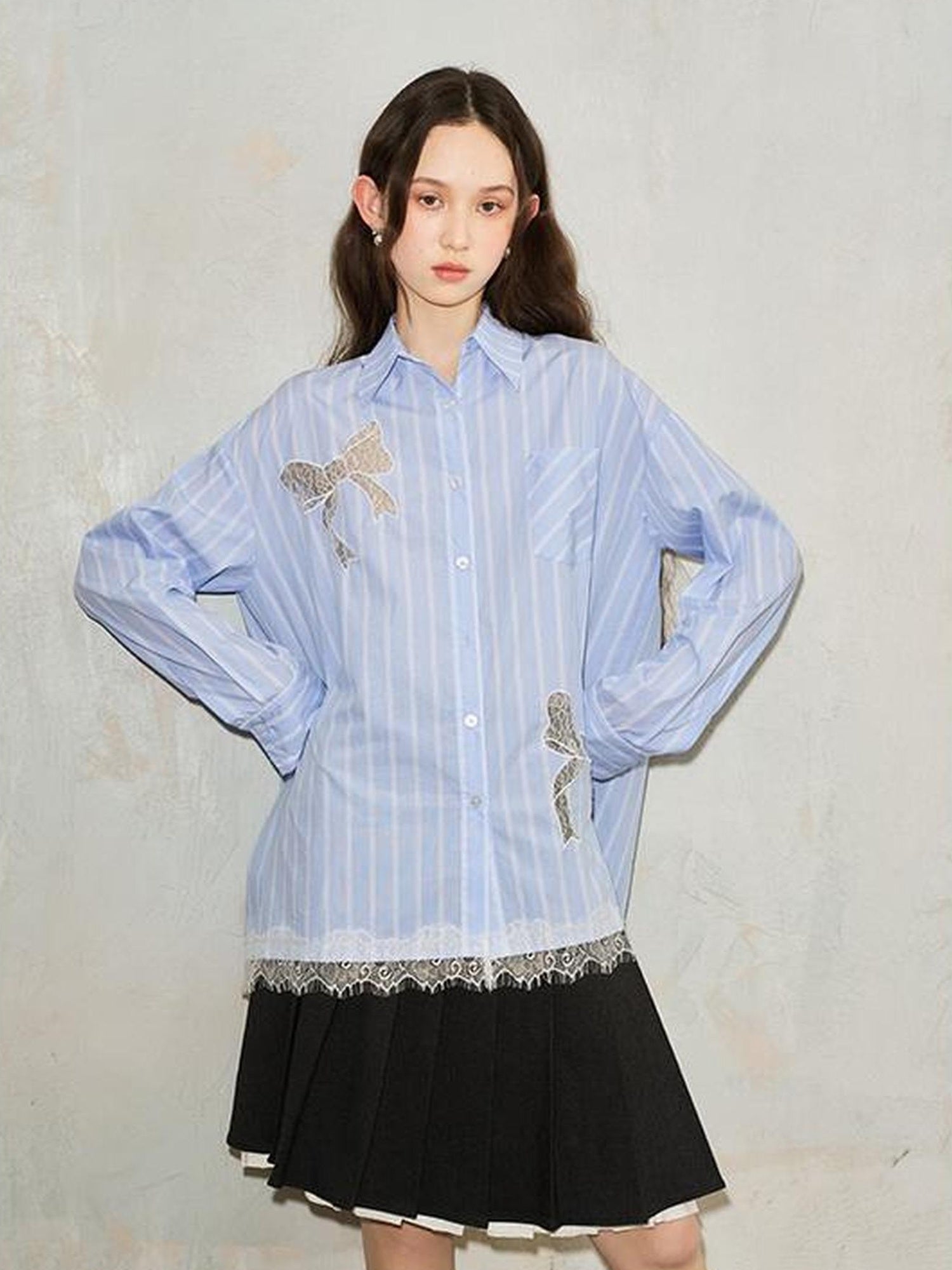 DIDDI MODA Sparkling Disco Embroidered Sweatshirt Asymmetrical Bow Shirt Set