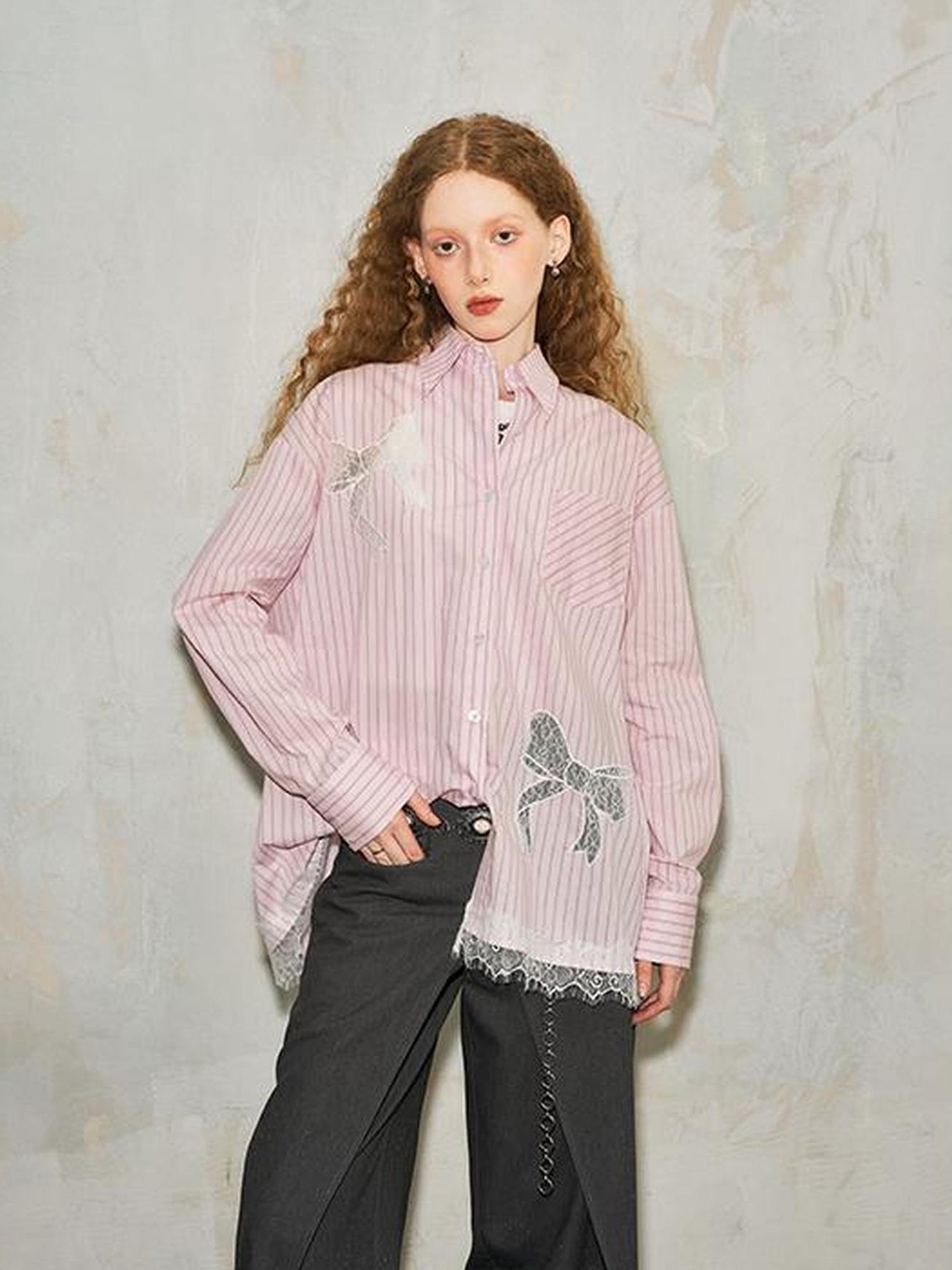 DIDDI MODA Sparkling Disco Embroidered Sweatshirt Asymmetrical Bow Shirt Set
